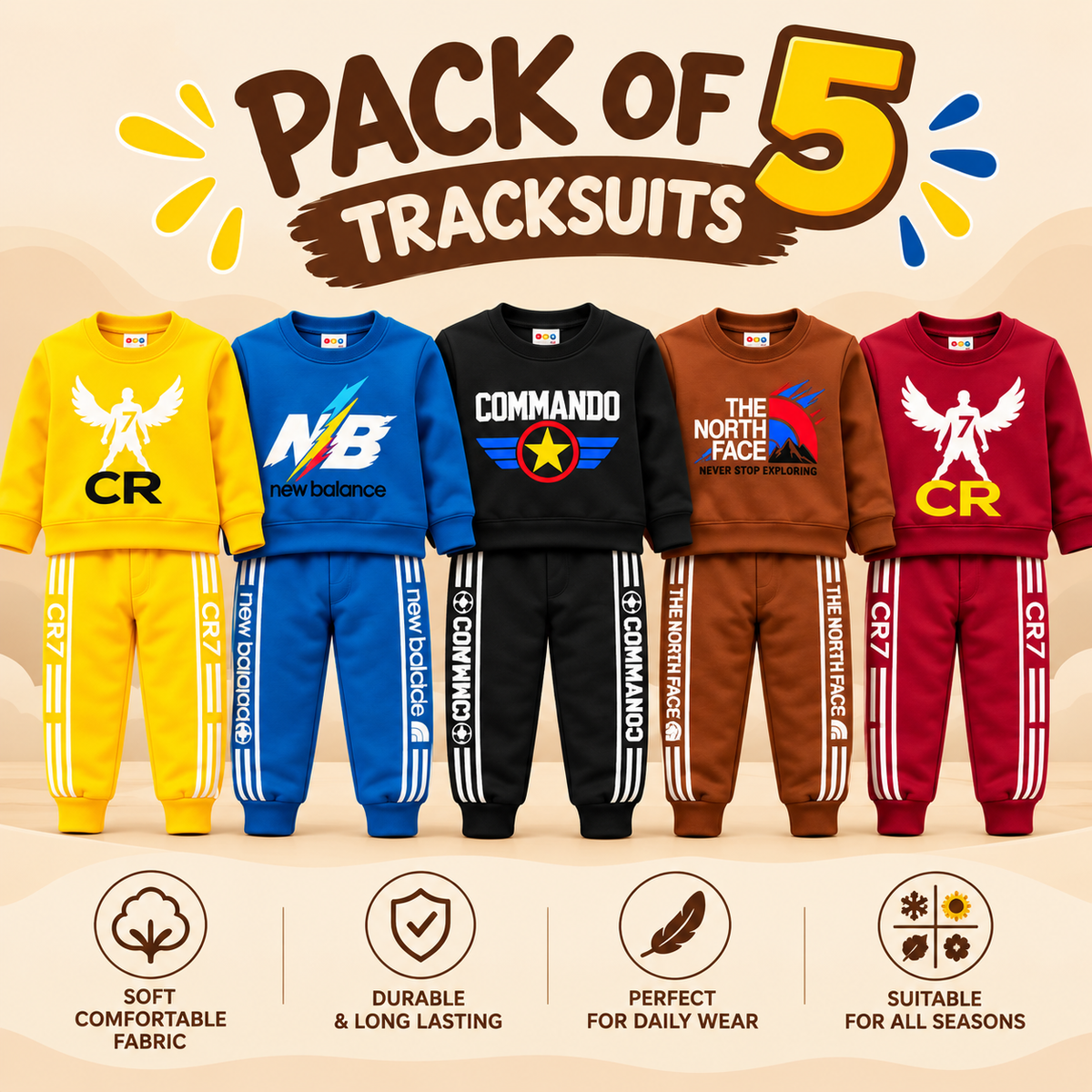 Pack of 5 Kids Tracksuits | Boys Winter Tracksuit Set | Full Sleeve Sweatshirt & Trouser Set | Casual Sports Wear