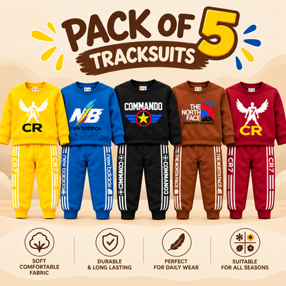 Pack of 5 Kids Tracksuits | Boys Winter Tracksuit Set | Full Sleeve Sweatshirt & Trouser Set | Casual Sports Wear